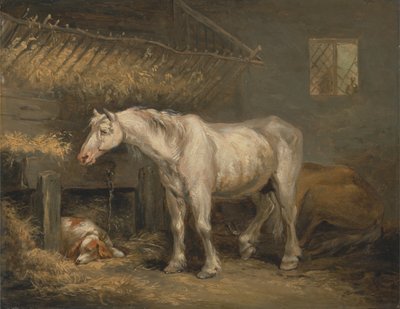 Alte Pferde mit einem Hund im Stall von George Morland